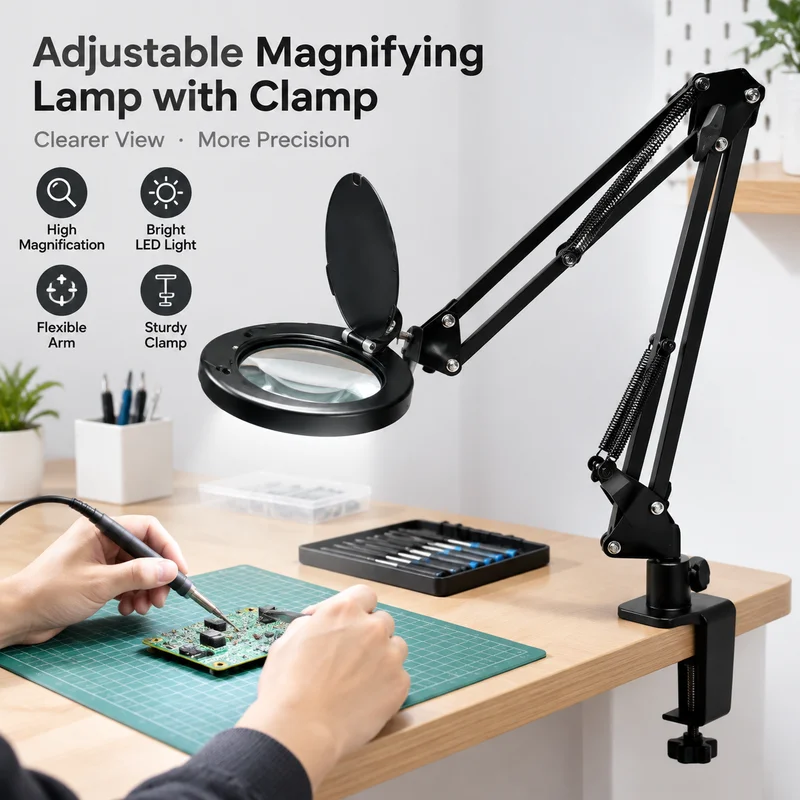 Magnifying Lamp with LED Light, Folding Eye-Care Style, Compact Reading Desk Lamp for Repair, Makeup, Nails and Craft, Magnifier
