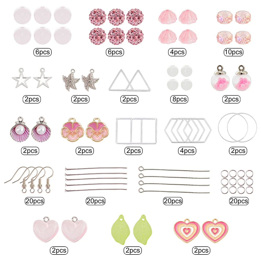 1Box DIY 10 Pairs Pink Love Flower Starfish Shell Earrings Making Starter Kit Include Alloy Enamel Acrylic Pendants Glass Quartz