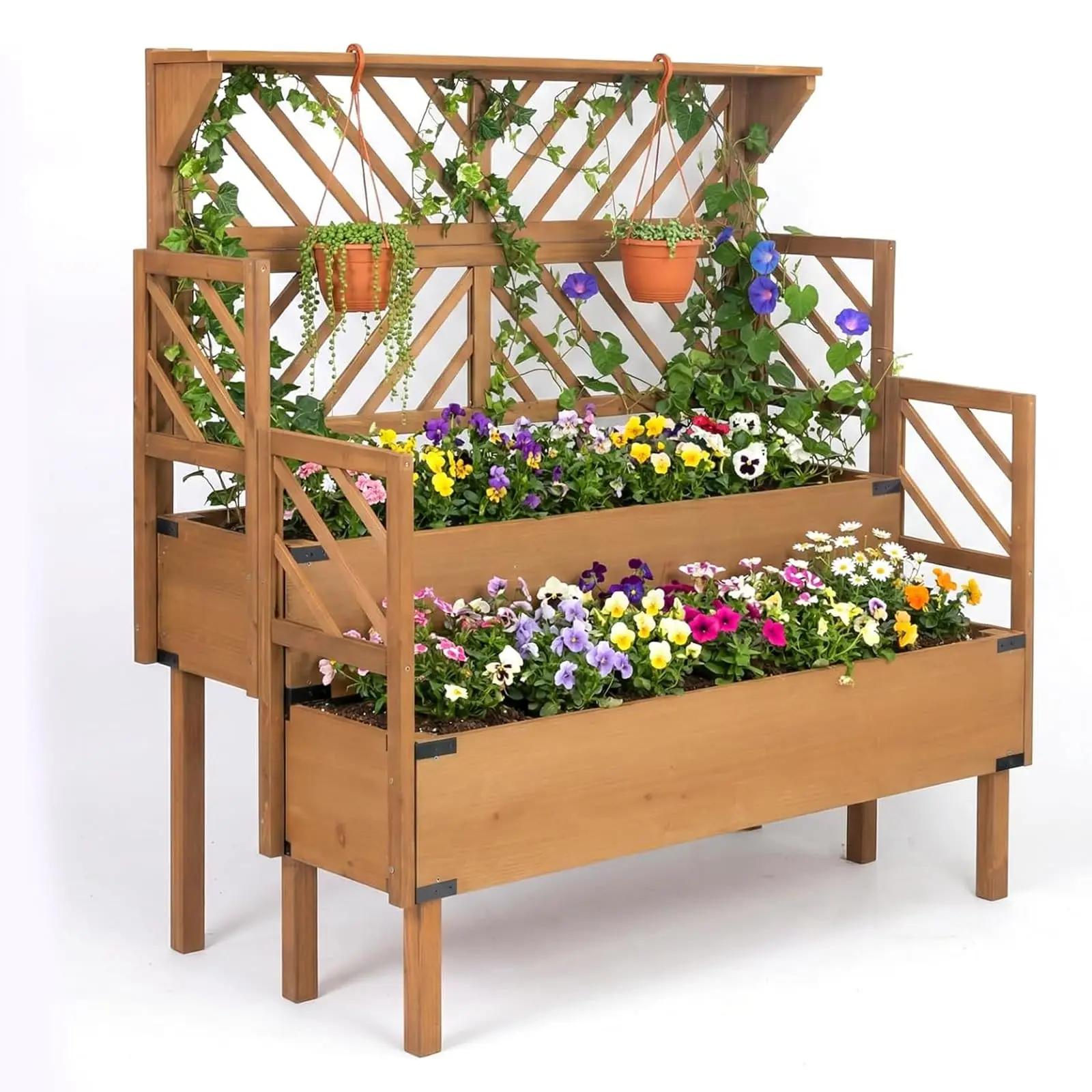 Raised Garden Bed Outdoor with Lattice Trellis, 47.2''H Wood Outdoor Flower Plant Stand with Two Planting Areas, Metal
