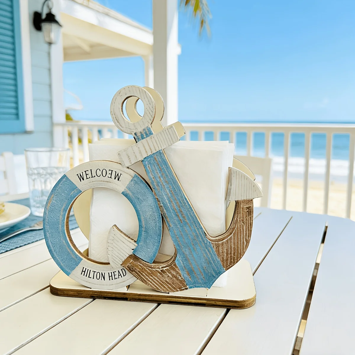 Desktop Storage Single Piece Anchor Design Tabletop Napkin Holder Coastal Style Daily Desk Sundry Storage Tray view 6