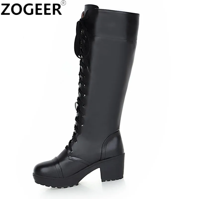 Botas de nieve de invierno para mujer, botas hasta la rodilla, tacones Punk informales con cordones, calzado blanco y negro, zapatos largos para mujer de talla grande 45 48