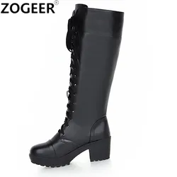 Winter Snow Boots Women Fashion Knee High Boot Casual Punk Heels Lace up Black White Footwear Long Shoes Ladies Large Size 45 48