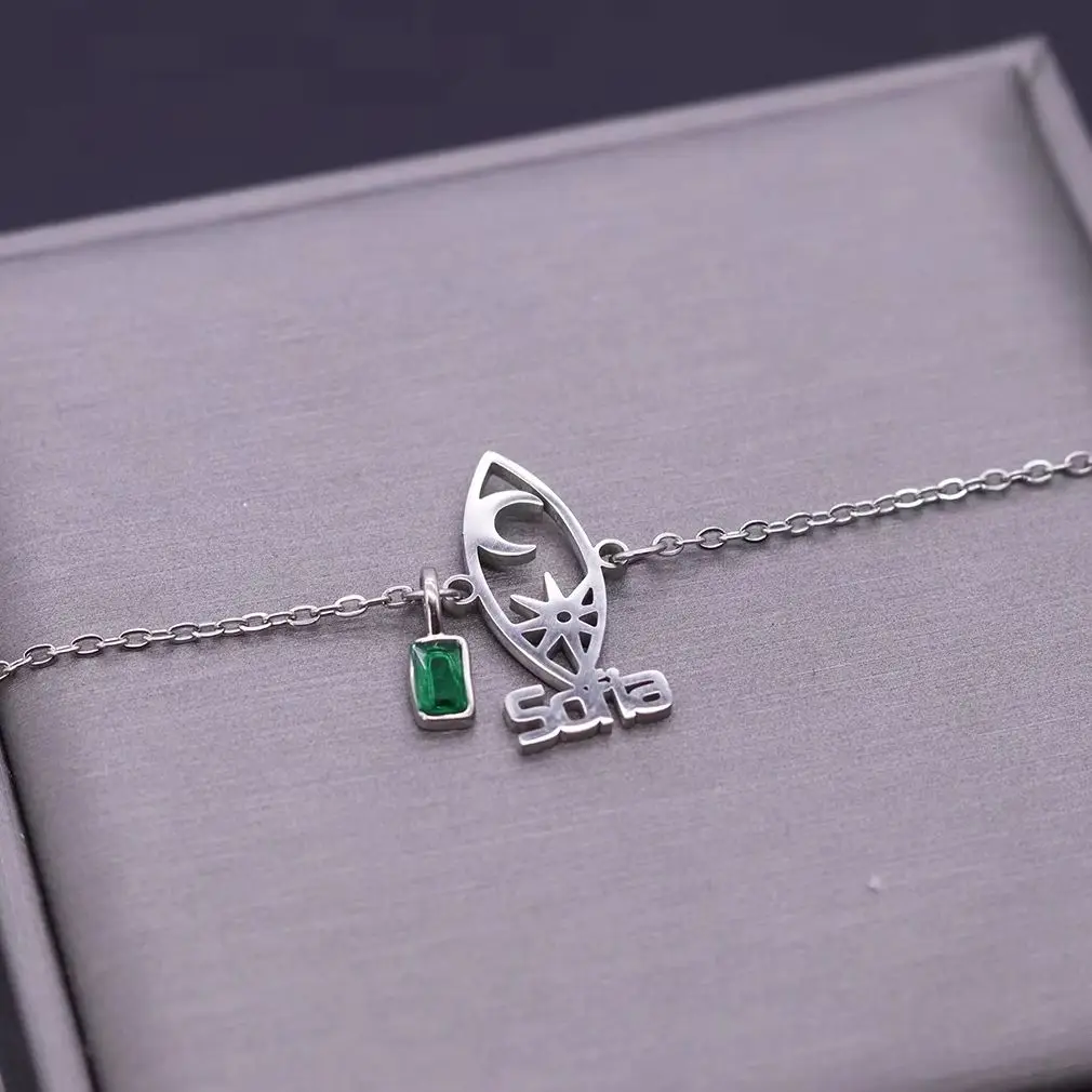 Chandler Custom Name Star Moon Anchor Handchain, Bracelet for Women, Stainless Steel Star Moon Pendant Handchain