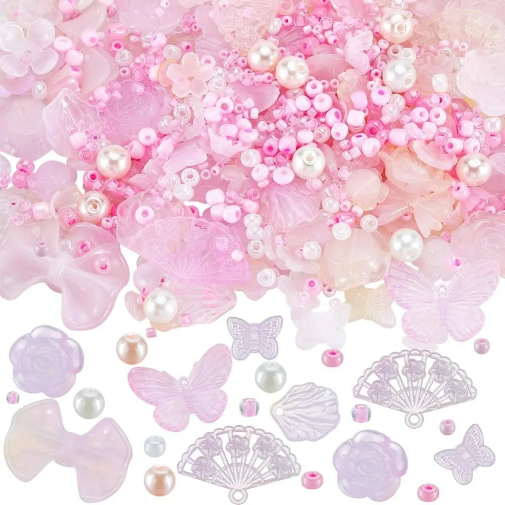 

1 Box about 200G Cute Acrylic Beads Bulk Aesthetic Beads Pink 3mm 4mm 8mm Small Round Imitation Pearl Butterfly Flower Beads