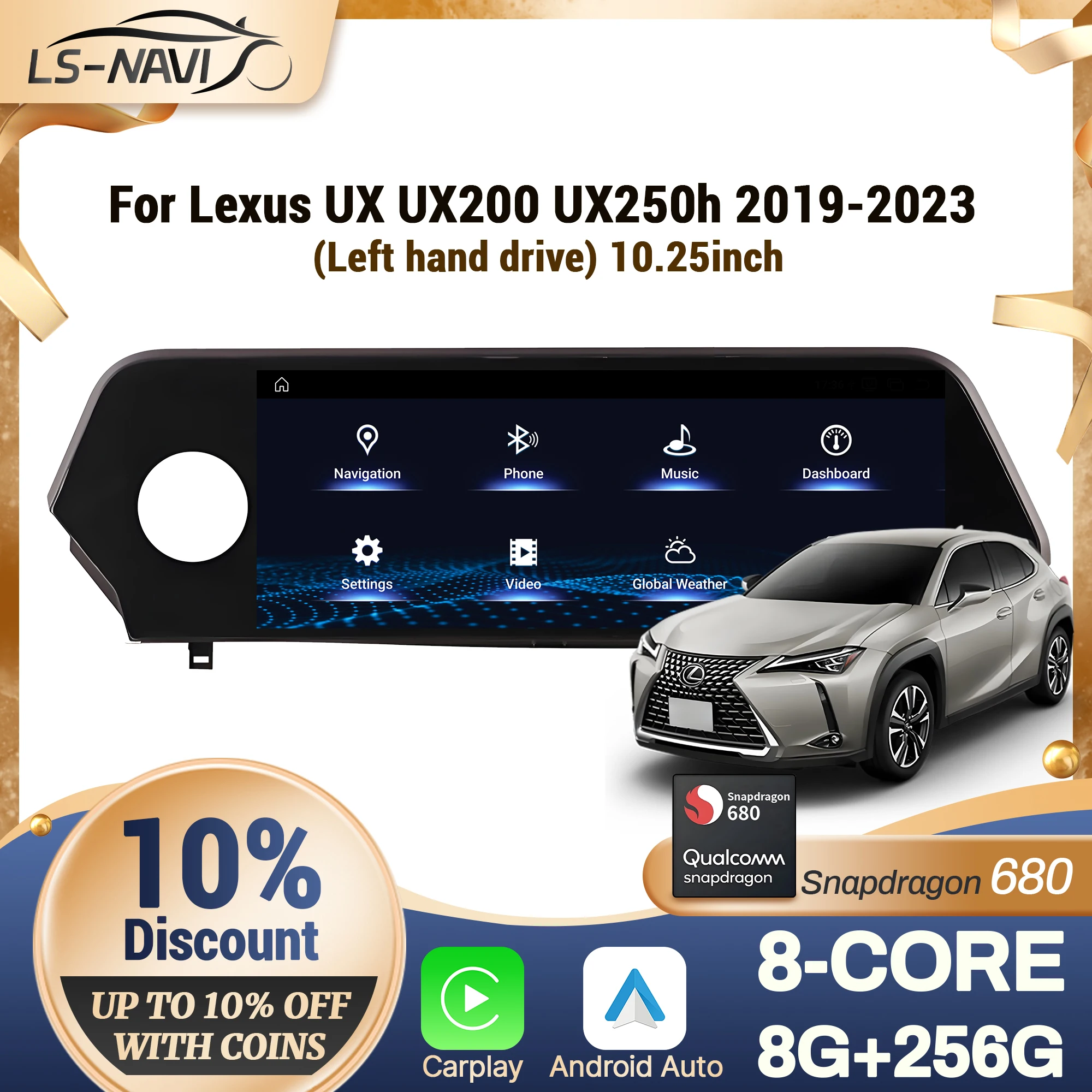 10,25 "con volante a la izquierda para Lexus UX UX200 UX250h 2019-2023 Radio de coche inalámbrico CarPlay Multimedia pantalla Snapdragon 680