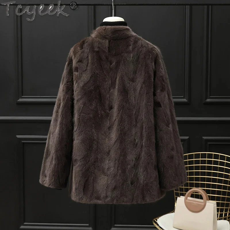 Coat Tcyeek Women Fashion Winter Women's Jacket V-neck Real Fur Jackets 2024 Patchwork Mink Fourrure Femme