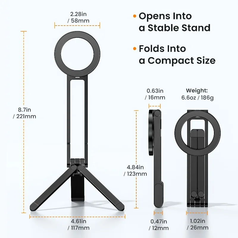 Support de téléphone magnétique de poche, trépied pliable multifonctionnel, support de photographie portable horizontal et vertical pour diffusion en direct
