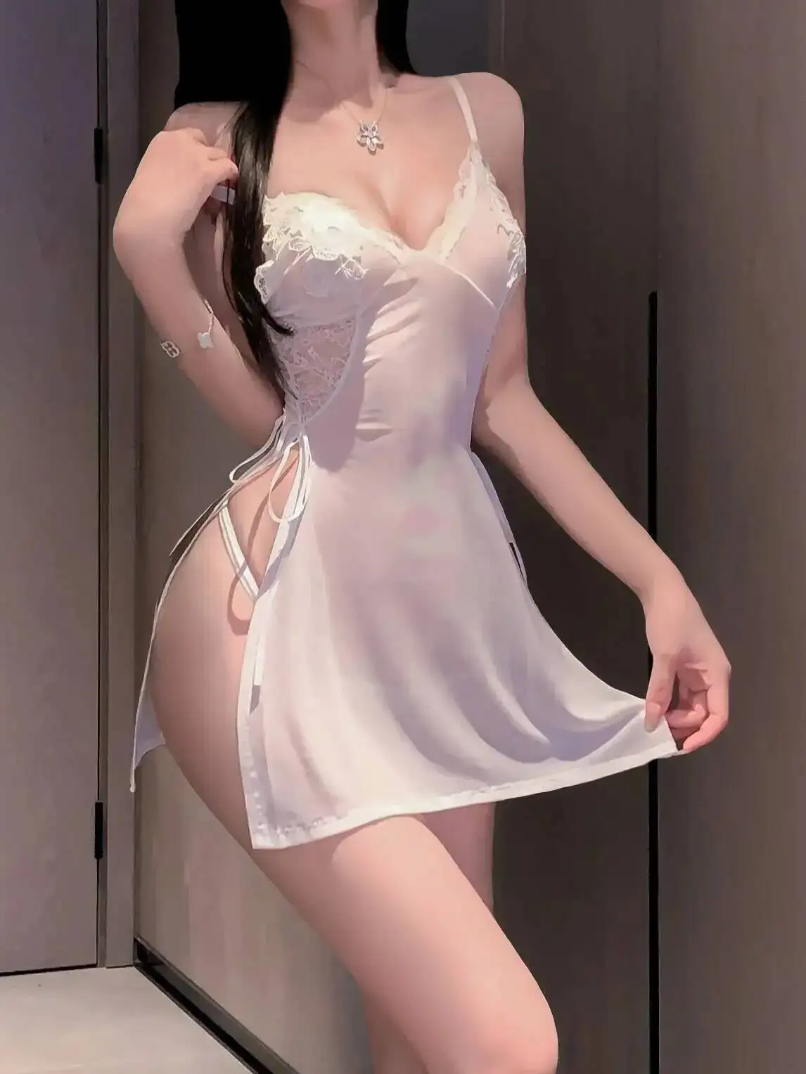 Sexy Pure Desire Dress Sweet Spicy Girl Lace Trim Dress Nightclub Wear Solid Color Transparent Sleeveless Dress Charming O3QR