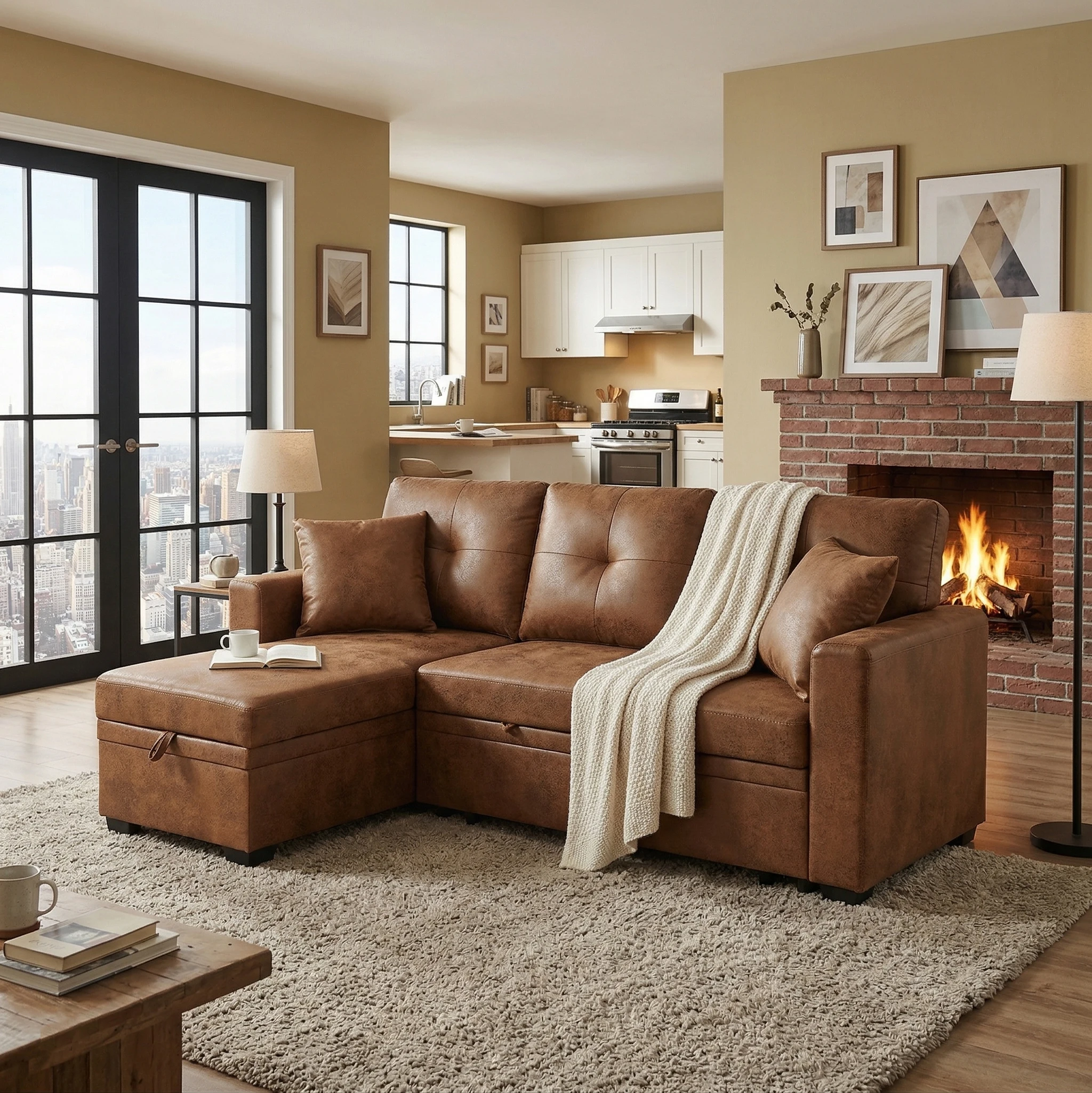 ！@Modern Sleeper Sofa Sectional Pull-Out Bed Reversible Chaise Breathable Fabric Small Space Solution Convertible Sofa Bed