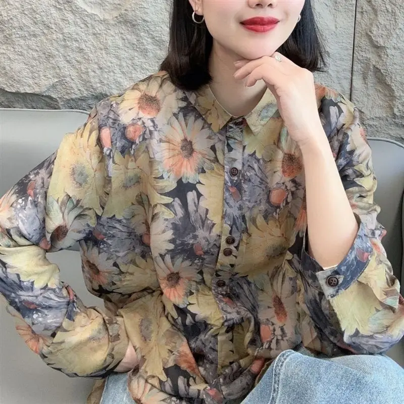 Fashion Floral Printed Blouse Vintage Spring Autumn Loose Single-breasted Commute Female Clothing Casual Turn-down Collar Shirt