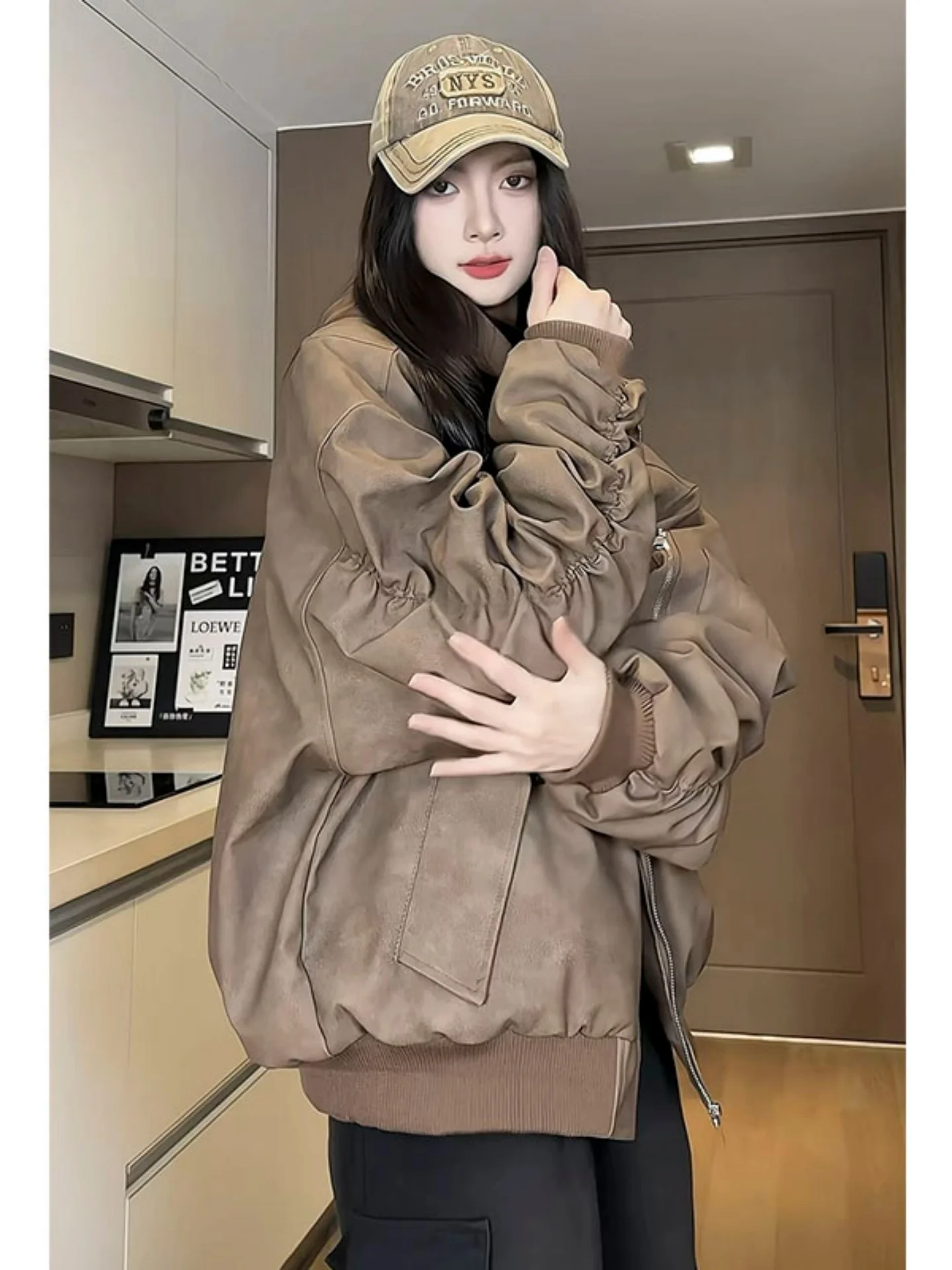 

Men's Winter Thiened Warmth down Cotton Jaet Bat Sve PU Leather Hooded Casual Faionable Youth Cleanfit Sle Coat