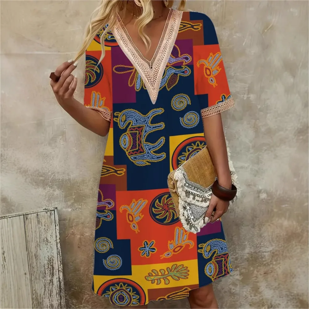Retro Geometric Printed Lace Patchwork V-neck Pullover Dress For Women 2025 New Spring/summer Flower  Printed Dress Femme Robe