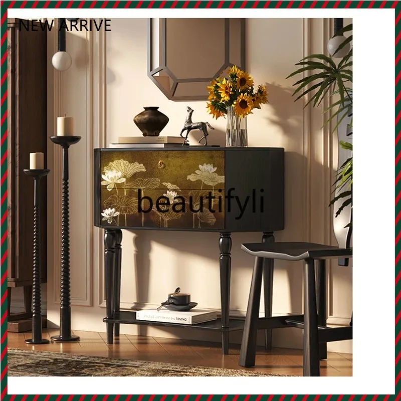 

D2520 Vintage Lotus Stand Cabinet Bedroom Storage Living Room Home Solid Wood Retro Sofa Side Cabinet