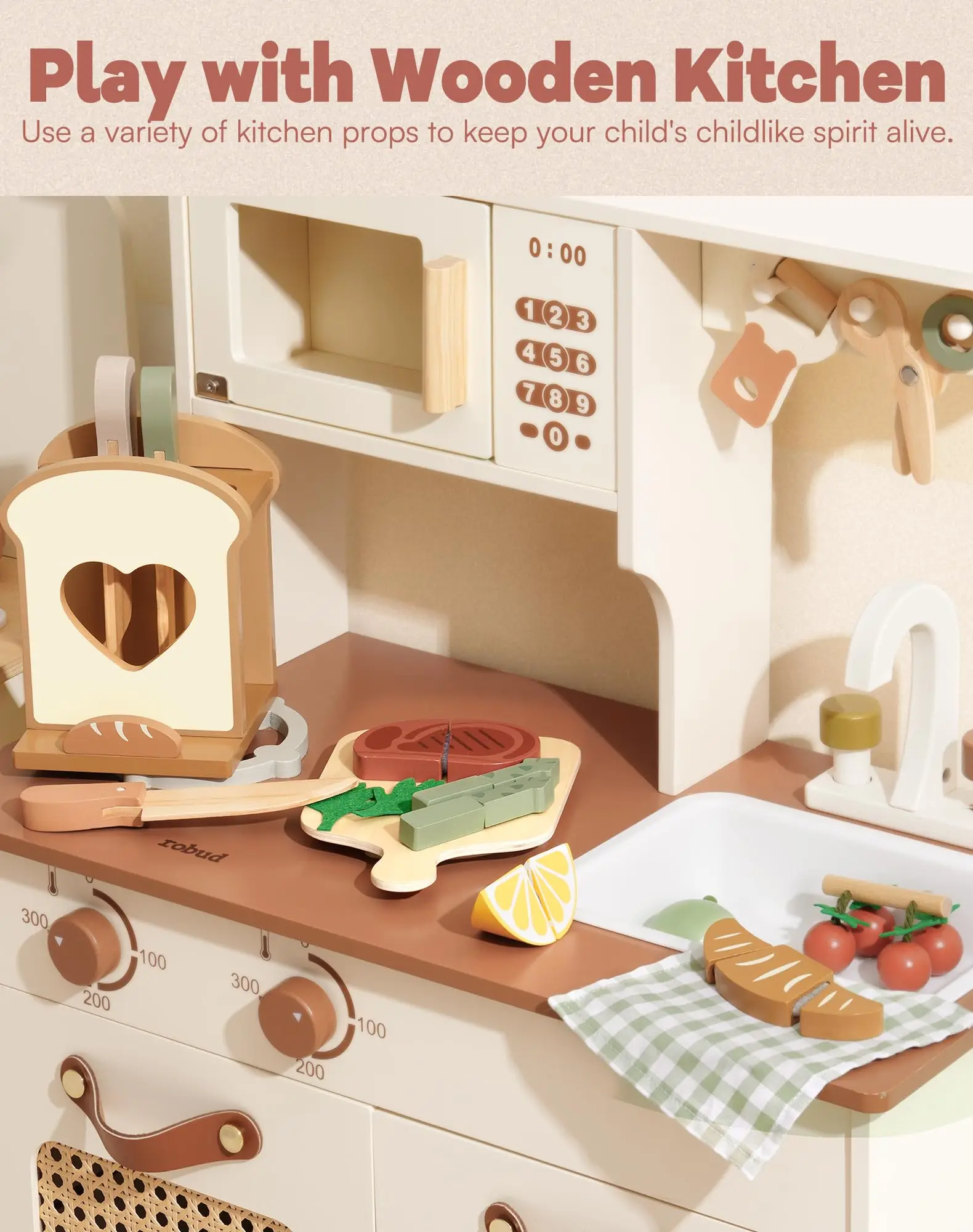 ROBUD เล่นชุดมีดทําครัวไม้ Playset Montessori แรงบันดาลใจ Pretend KITCHEN ของเล่นบทบาทเล่นของขวัญสําหรับชายและหญิง