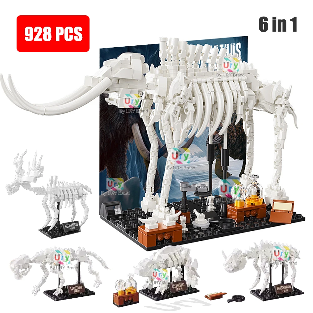 

6in1 Museum of Ice Age Fossil Animals Mammoth Sabre Wulf Cave Bear Elasmotherium Glyptodont Set Building Blocks Toy for Kid Gift