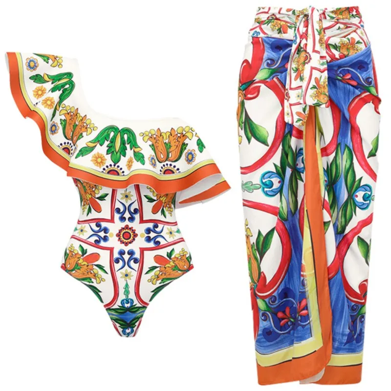 Niebieskie w stylu Retro dwuczęściowy strój kąpielowy z nadrukiem w Bikini i przykrycie w spodniach obcisłe damskie bandażowe letnie luksusowe na