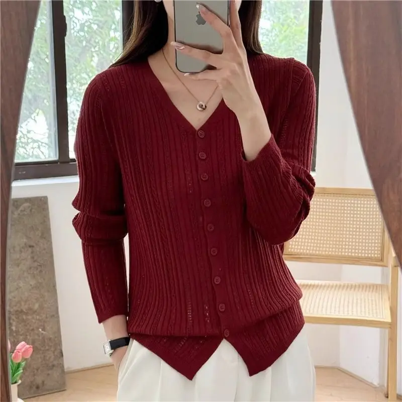 Wiosna Jesień Nowy V-neck Długi Rękaw Moda Sweter Kobiety High Street Jednolity Kolor Guzik Kardigan Eleganckie Wydrążone Szykowne Topy