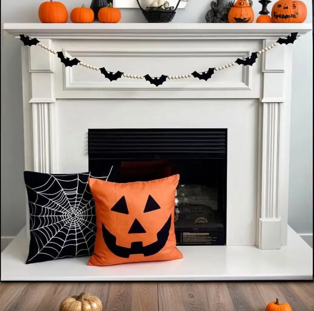 

Halloween Decorations Indoor Outdoor Wood Felt Bats Bead Garland Banner Farmhouse Home Room Decoration Halloween Decor