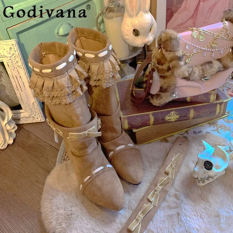 

Original Pleated Bow Tie Mid Calf Boots Women's Japanese Cowboy Lace Velvet Retro Boots Female Pointed Toe Riding Boots