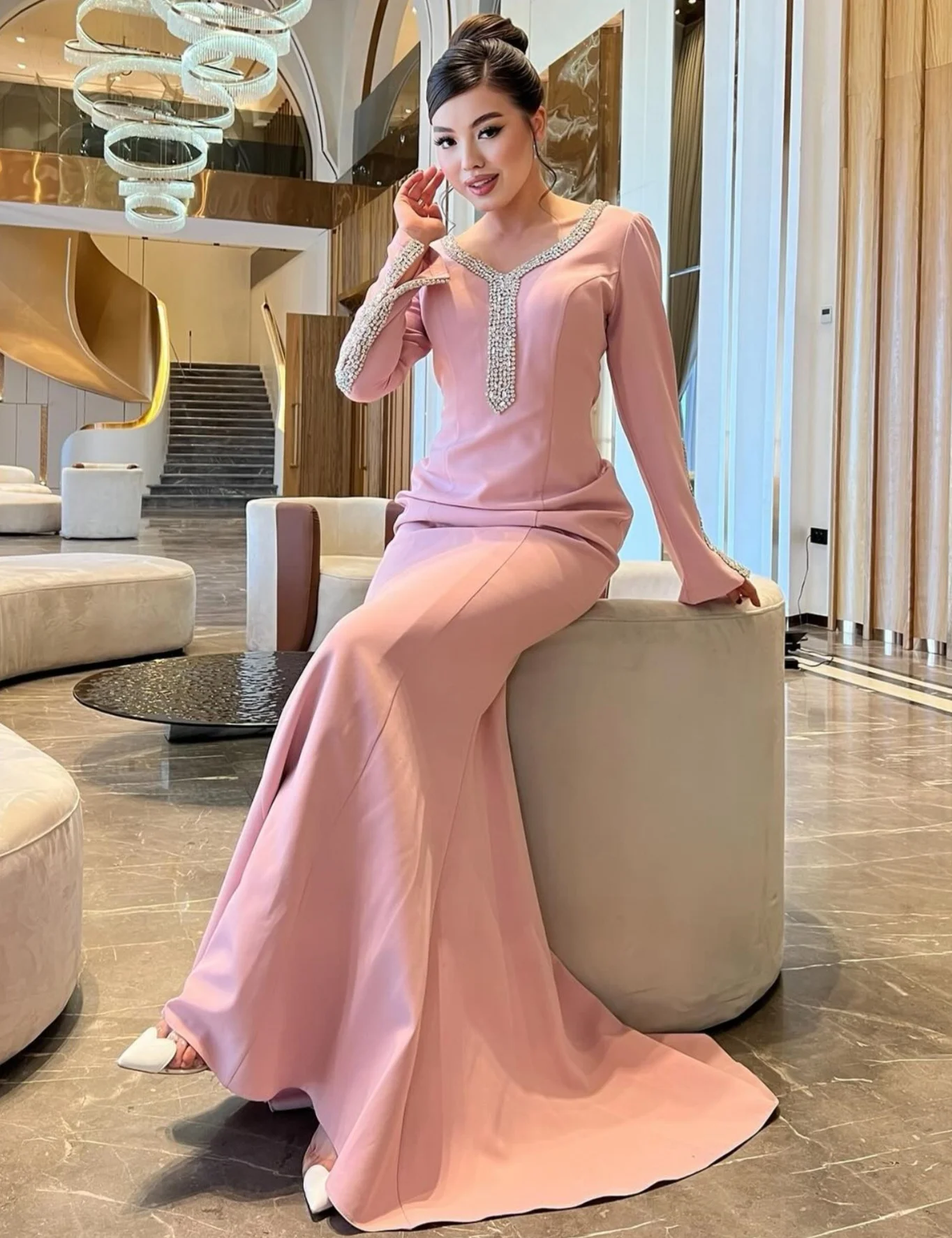 Customized Intricate Matching Jersey Sequined Trumpet V-neck Long Dresses Bespoke Occasion Intricate Formal