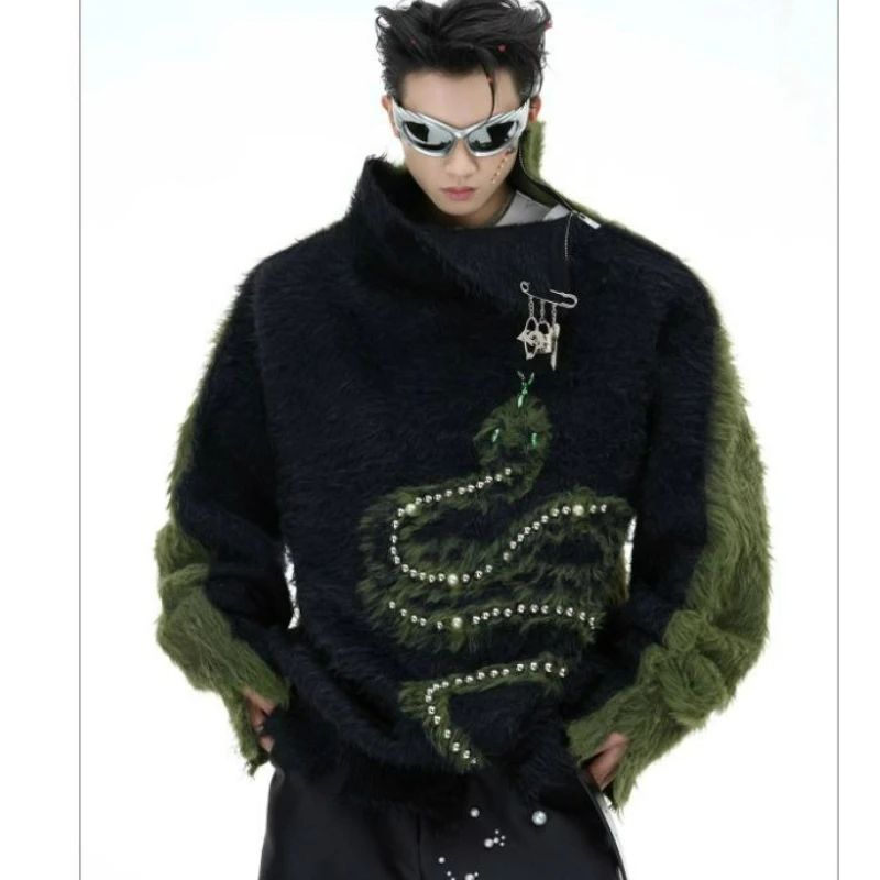 

Осень 2026, уникальный модный свитер с жемчугом и высоким воротником, мягкий текстурный пуловер с контрастными цветными принтами для мужчин