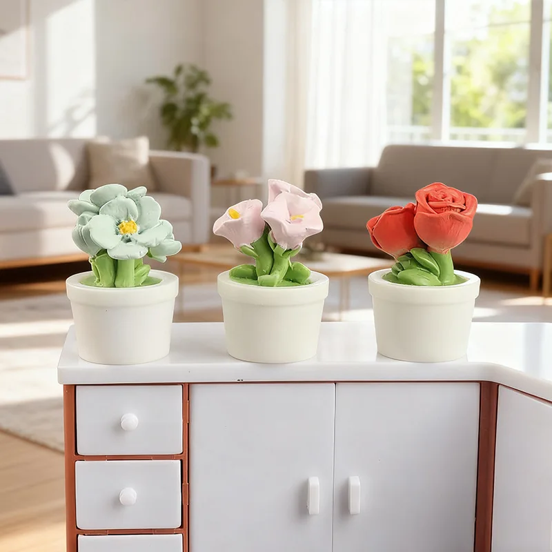 5pcs Resin Miniature Realistic Rose and Tulip Flower Potted Plant as a Small Tabletop Decoration Item Doll House Ornaments