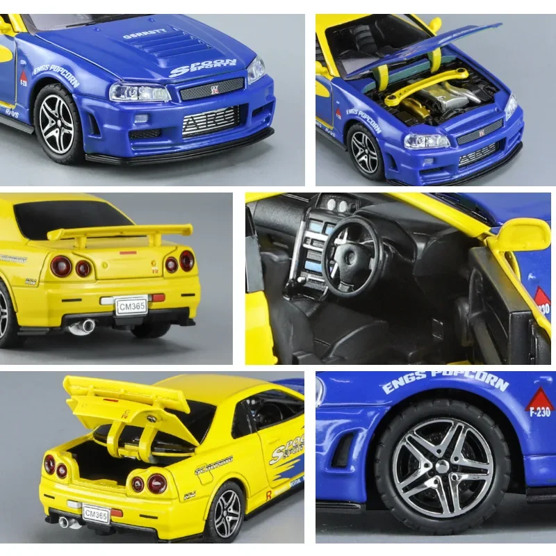 1:32 Nissan Skyline Ares GTR R34 lega modello di auto sportiva pressofuso giocattolo in metallo modello di auto da corsa simulazione suono luce regalo per bambini