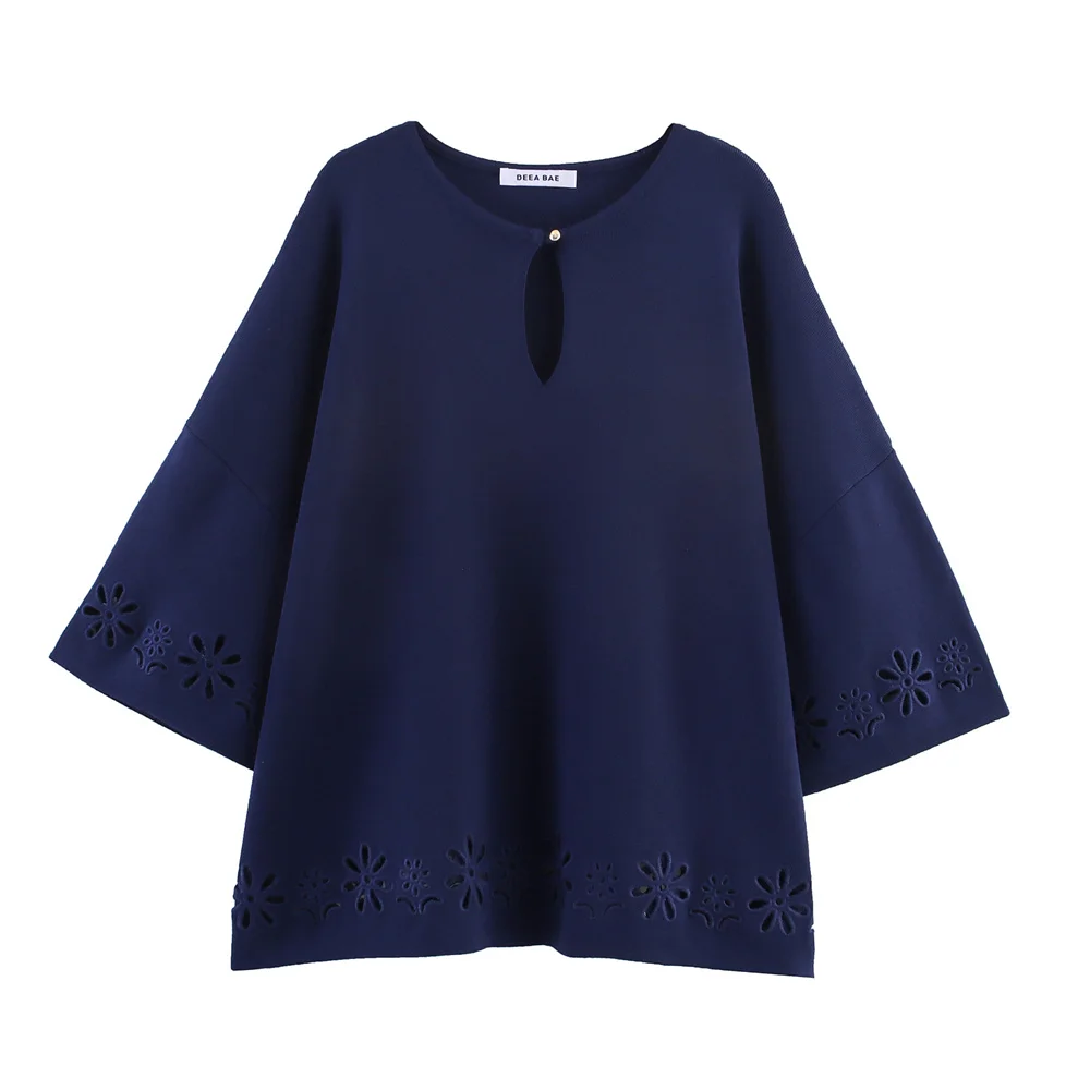 

European and American autumn new women's clothing loose casual temperament simple hollow embroidery knitted top