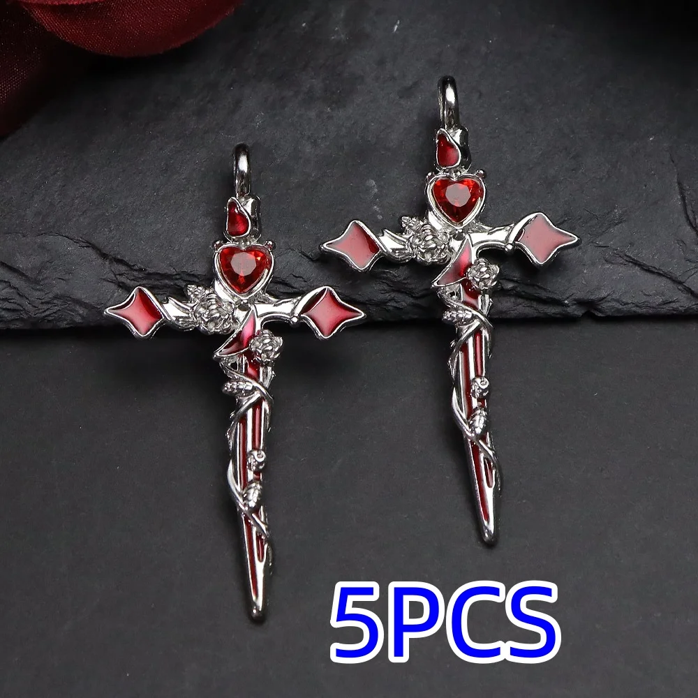 5PCS Dark Gothic Sweet Cool High End Diamond Set Thorn Rose Cross Pendant DIY Bracelet Necklace Bead Material
