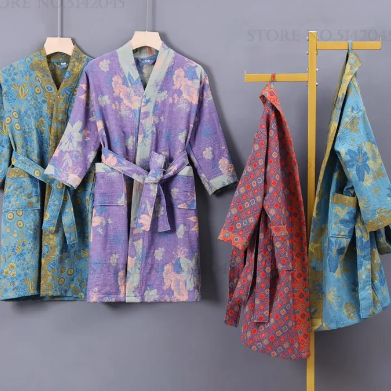 

Хлопковое кимоно с цветочным принтом, халат, домашний халат, весна-лето, новый женский халат, ночная рубашка с карманом на поясе, свободная одежда для дома