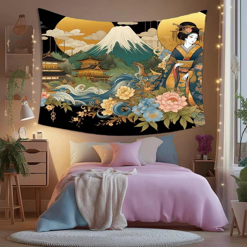 1PC Digital Printed Tapestry Wall Hanging, Golden Fuji Mountain Geisha Peony, Black Gold Japanese Ukiyo-e Wall Decor