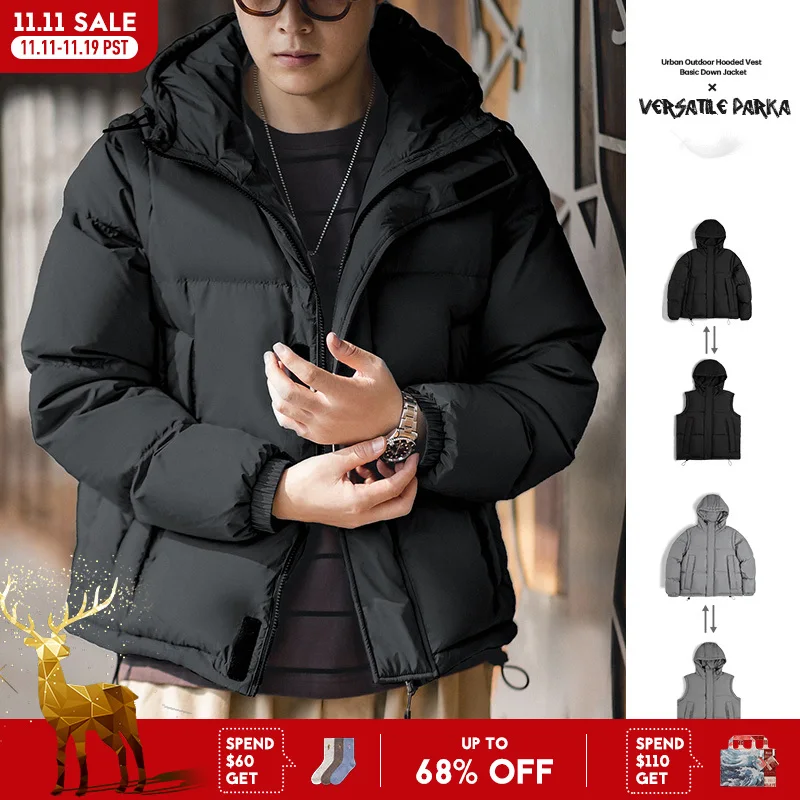 Maden Men's Winter Detachable Sleeves Down Jacket Outdoor Functional Hooded Vest Jacket Warm Thickened Overcoat Versatile Parka