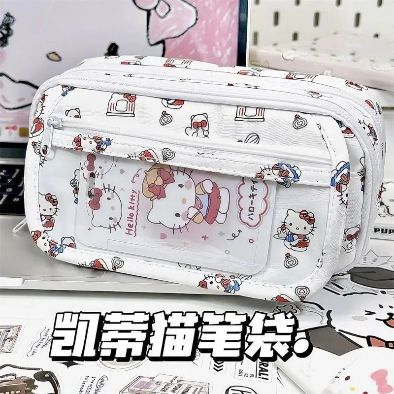 

Cartoon Anime Sanrio Pen Bag Cute Hello Kitty High Beauty Large Capacity Visual Window Student Stationery Storage Bag Makeup Bag
