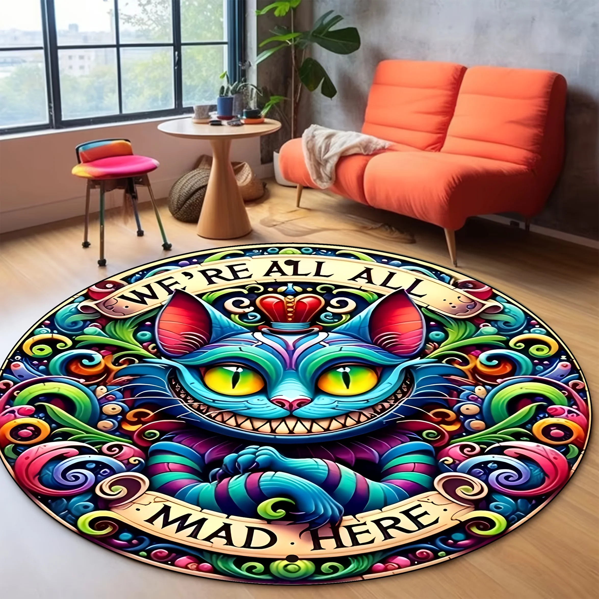 Cheshire Cat Alice Wonderland Round Rug Fleece Colorful Psychedelic Design We Re All Mad Here Quote Boho Chic LivingRoomFloorMat
