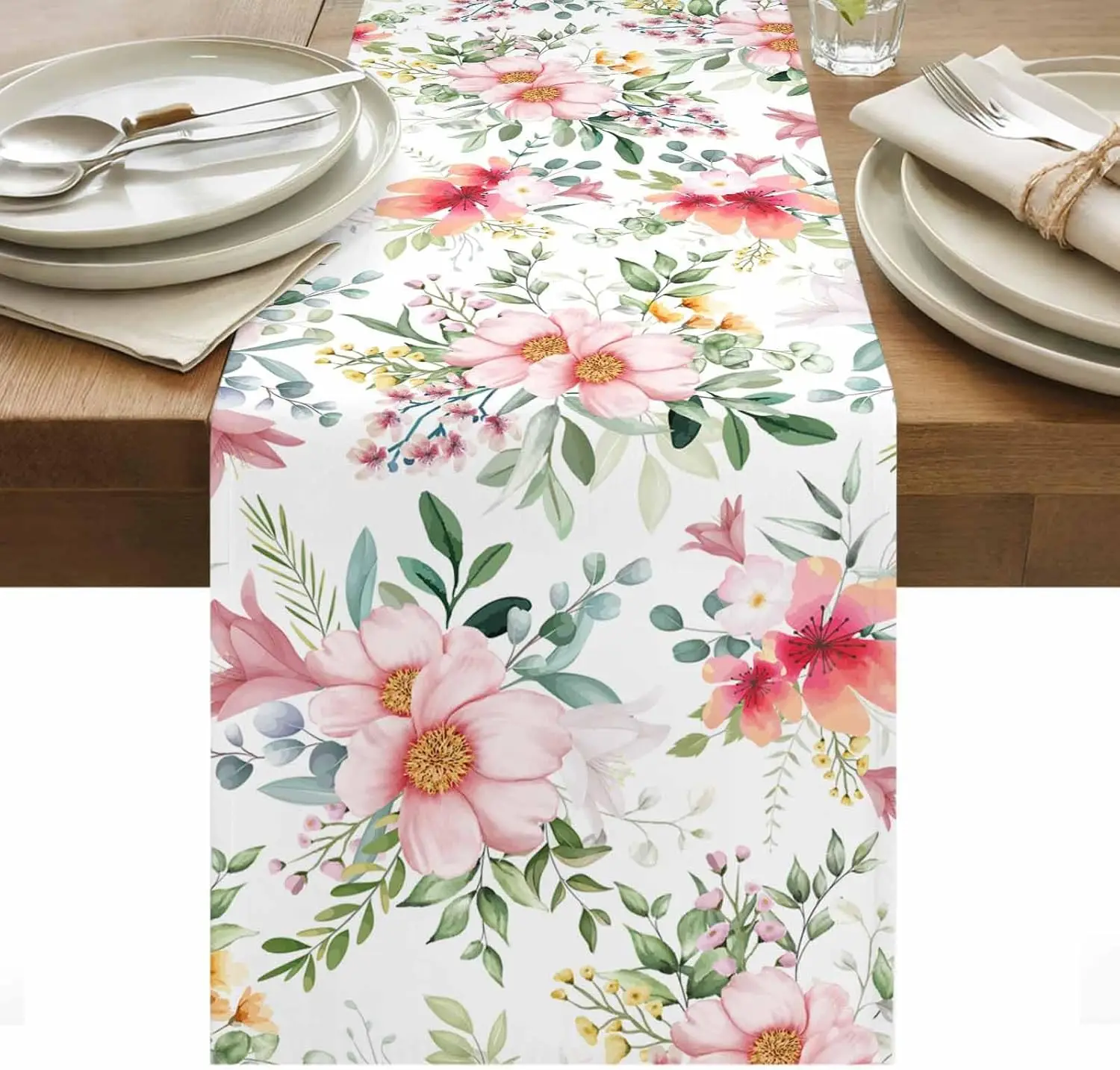 

Весенняя льняная дорожка на стол с акварельным цветочным узором и листьями, моющаяся, для кухни, столовой, вечеринок и свадебных украшений
