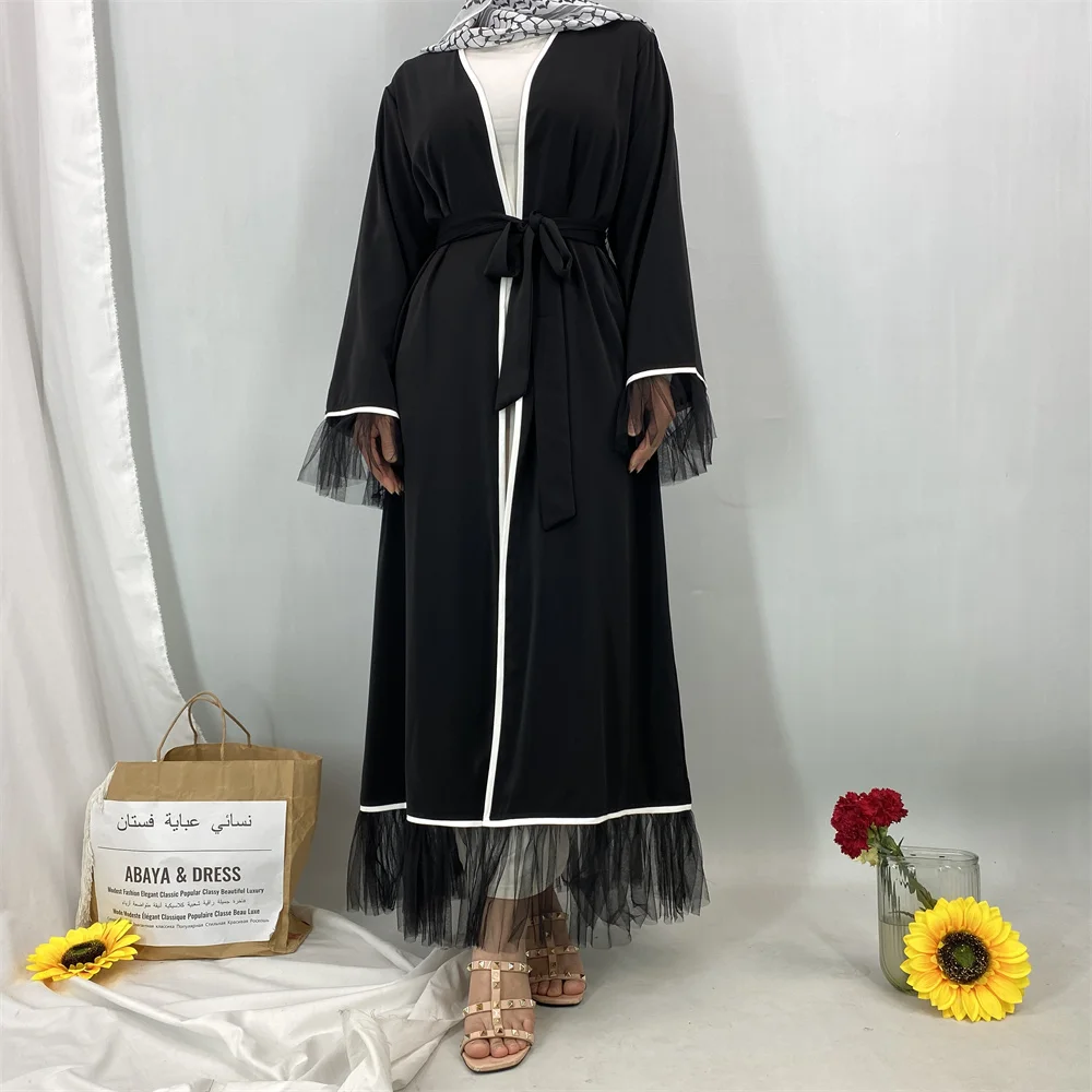Fashion Abaya Women Long Sleeves Splicing Chiffon Tulle Trim Long Cardigan Muslim Kimono Robe with Waist Belt