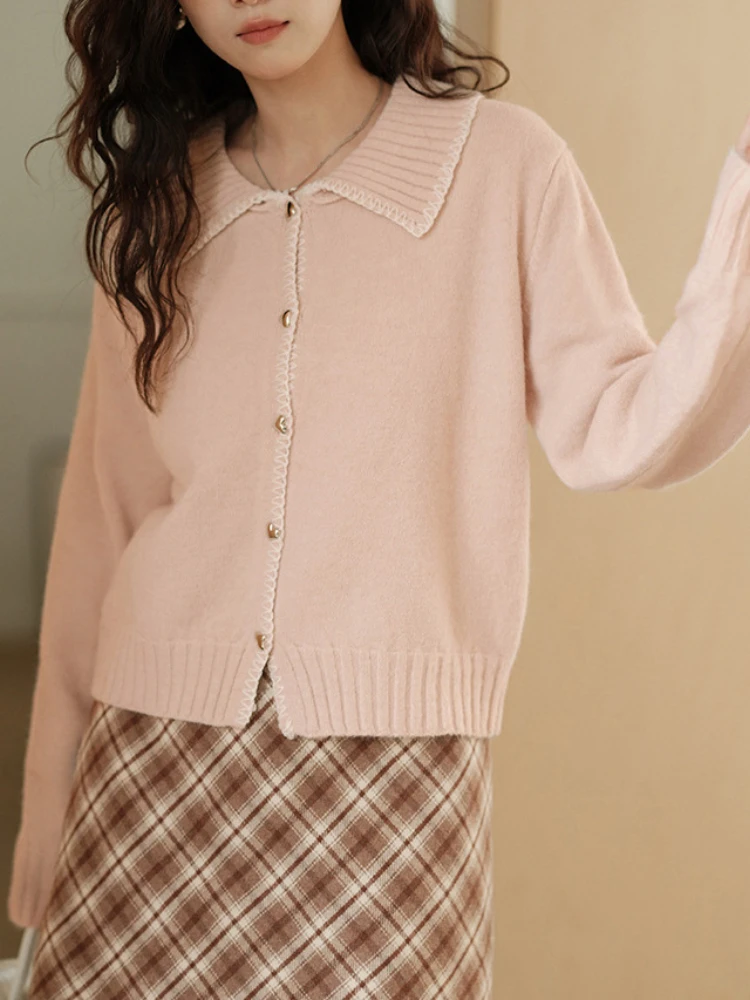 2024 Vintage Solid Knitted Cardigan Women Korean Style Peter Pan Collar Sweater Short Jacket Winter Warm Casual Knitted Coats