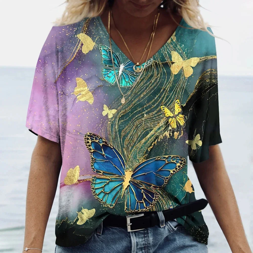 

2024 new summer trendy women's T-shirt 3D butterfly print women's casual trendy short-sleeved top V-neck original picture