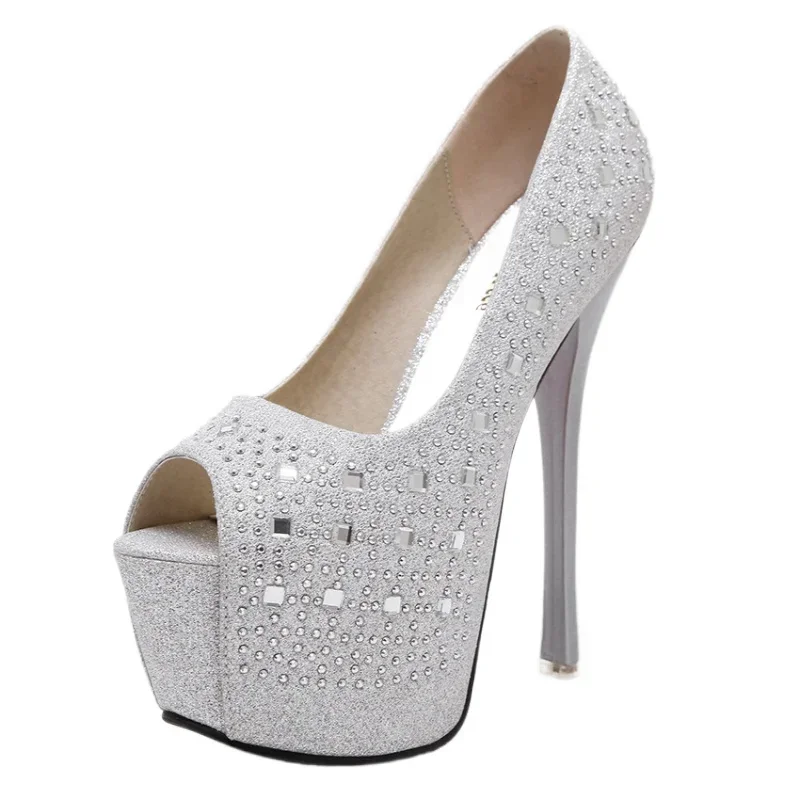 Women Pumps  Elegant High Heel Shoe Sequined Cloth Peep Toe Slip on 16CM Thin Heels Platform British Style Nightclub Dress Pumps