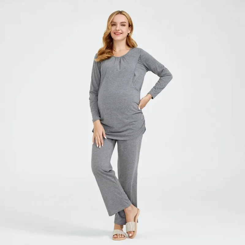 مجموعة سراويل أوروبية وأمريكية جديدة للنساء الحوامل ذات لون سادة ورقبة دائرية وأكمام طويلة، مجموعة ناعمة ومريحة للرضاعة الطبيعية