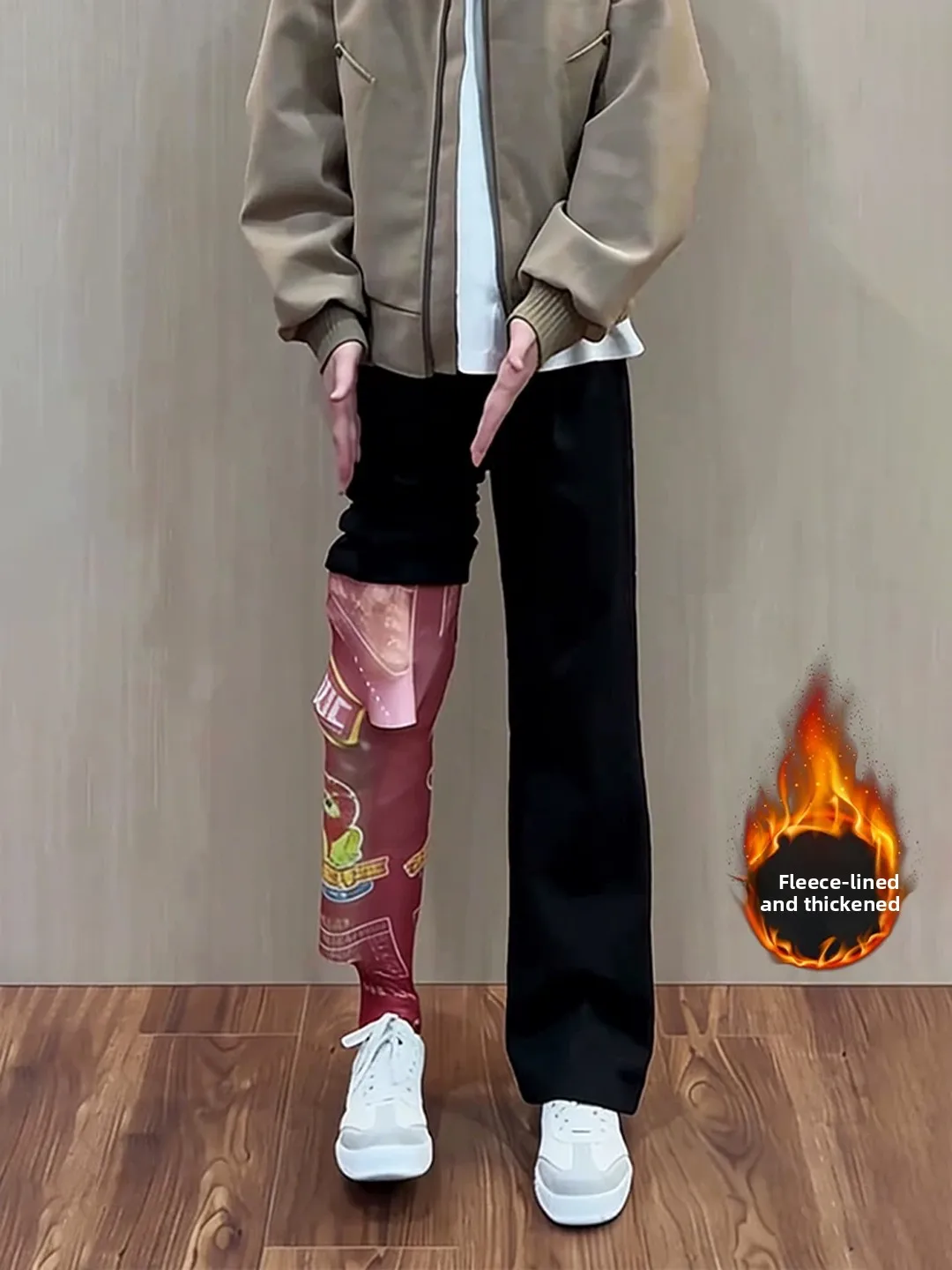 

Black Bell Bottom Denim Jeans Men's Autumn Winter Fleece High Waist American High Street Style Straight Leg Slimming Pants