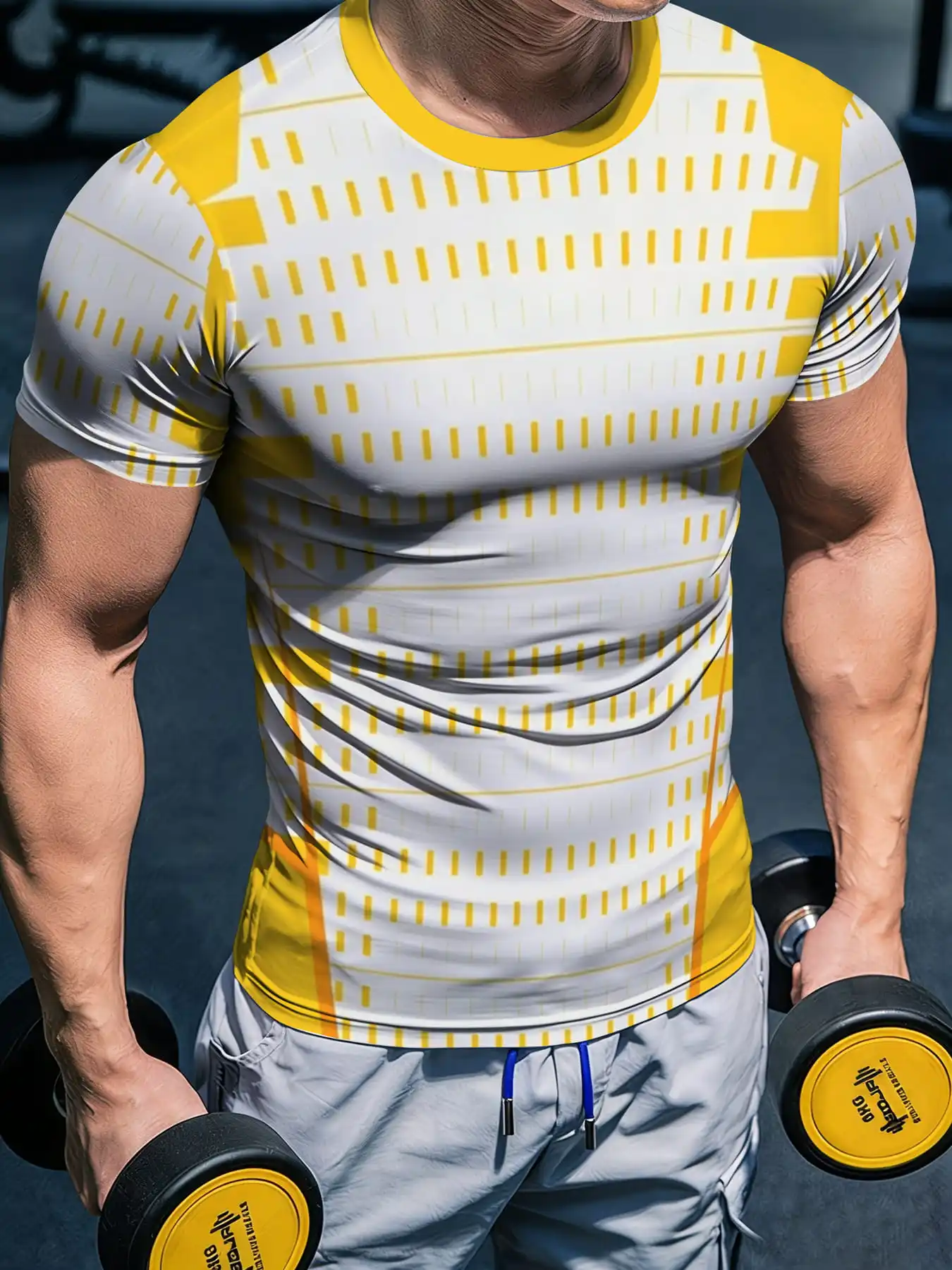 Men Dashed Line Geometric Print Compression T-shirt High Elastic Quick Dry Sports Gym Short Sleeve Workout Top