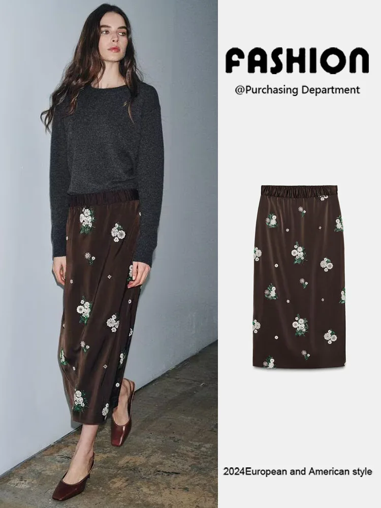 엘리 편안한 2025 겨울 신상 여성 패셔너블 슬림핏 탄력 허리 자수 비즈 스플릿 스커트