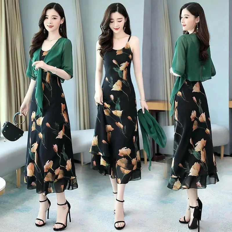 Single/Two-Piece Sets Floral Chiffon Suspender Dress Slim And Long 2023 New Shawl Summer Dress 2PCS For Female Dress Suits Lady