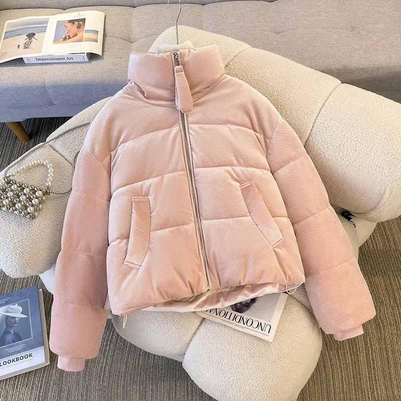 

Зимние модные бархатные хлопковые куртки для женщин, корейский шикарный дизайн на молнии со стразами, теплое пальто, новинка 2025 года, короткие парки, верхняя одежда