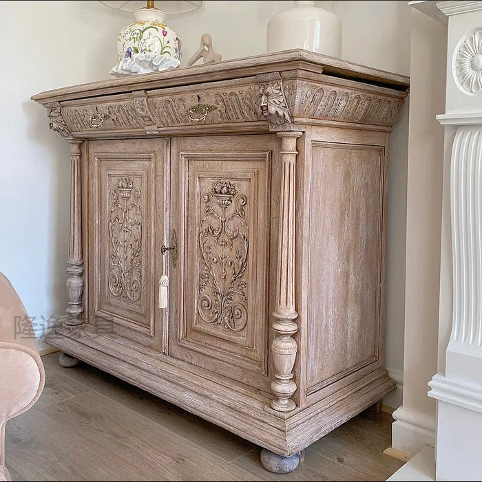 Solid wood porch cabinet double door storage side cabinet log carved foyer