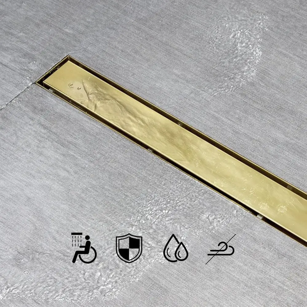 18 Inch Brushed Gold Shower Drain with Invisible Tile Insert Panel and Hair Strainer