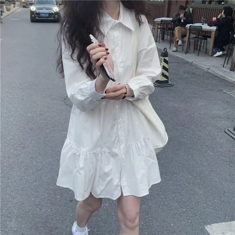 French Fashion Turn Down Collar Long Sleeve Shirt All Match Single Breasted A-line Loose Casual Dress Preppy Dress