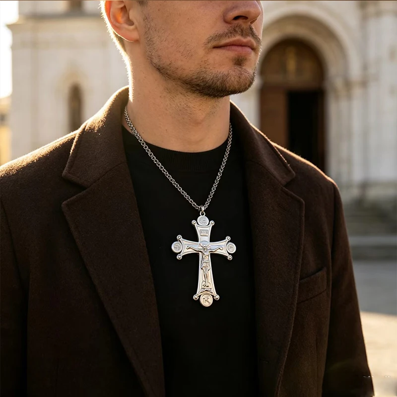 New Byzantine Orthodox Silver Crucifix Pendant Necklace Stainless Steel Jesus Christ Relief Golgotha