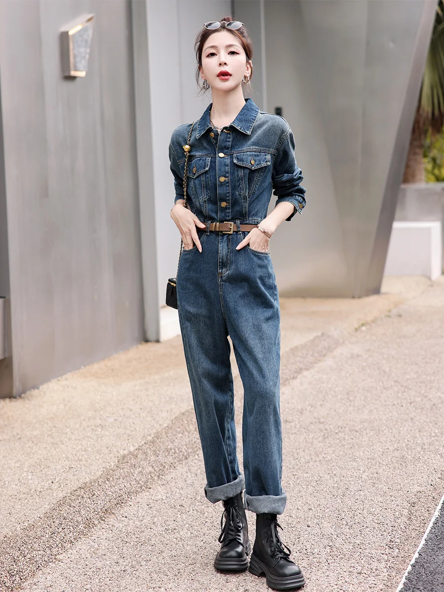 

Faion Slim Fit Denim Overalls Set Women's Spring Autumn New Sle Casual Slimming Workwear One-Piece Pants High Waist Cotton